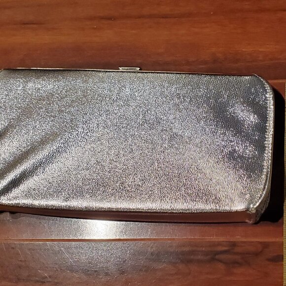 Womens Evening Bag Clutch Purse Silver Metallic + NWT Extra Long Silver Gloves - Picture 7 of 12
